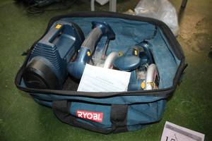 lot 1588 image: Lot of (3) Ryobi Cordless Shop Power Tools with Soft-Side Tool Bag - Air Compressor and Two Saws