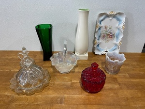 Assorted Glassware Red Wing Iridescent Glass Bowl and More