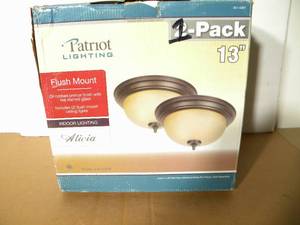lot 10 image: Patriot Lighting Flush Mount Light Fixture - Oil Rubbed Bronze Finish w Tea Stained Glass (13) MISSING 1 Fixture