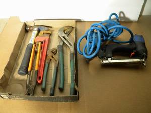 lot 24 image: Tool Lot (Hammer, Wrenches, Pinch Clamp and Electric Stapler)