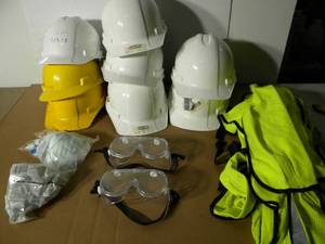 lot 35 image: PPE Lot (8 Hard Hats, Dust Masks, Safety Glasses, Safety Vests)