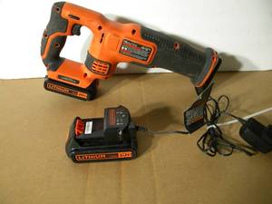 lot 38 image: Black and Decker 20V Lithium Cordless Sawzall with 2 Batteries and Charger