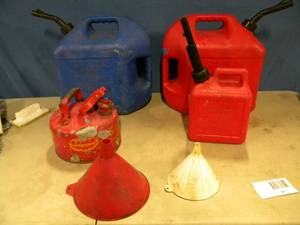 lot 129 image: 3 Gas Cans Kerosene Can and 2 Funnels