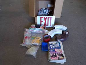 lot 107 image: Miscellaneous Assortment of Tape, Road Atlas, Gutter Elbows, Exit Sign, Etc...)