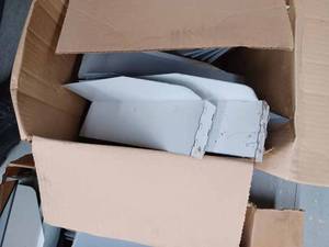 lot 31 image: Six Assorted Size Boxes of Metal Dividers for Steel Shelving (Photo of Blue Shelf shows the type of Shelf for Brackets)