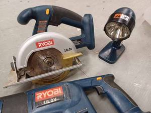 lot 88 image: 7-Piece Ryobi Cordless Tool Set, includes 18 Volt 5-inch Circular Saw, Reciprocating Saw, Light, 18 Volt Charger (Batteries not charging)