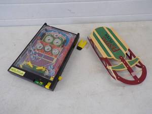 Vintage Toy Pinball Machine and Decor Sled