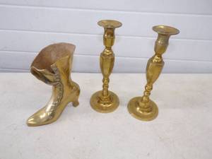 Pair of Brass Candleholders and Boot
