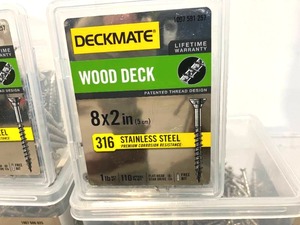 lot 100 image: Lot of Deckmate Wood Deck 8 x 2 in. Stainless Steel Screws and 7 x 1-58 in. Stainless Steel Trim Screws