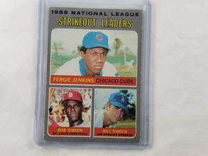 lot 92 image: 1969 National League Strikeout Leaders Fergie Jenkins, Bob Gibson, Bill Singer Topps No. 71