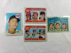 lot 93 image: Lot of 4 Vintage Cards 1968 American Leage RBI Leaders No. 3, 1968 American League ERA Leaders No. 7, 1972 Rookie Brewers Stars No. 162, Rusty Staub No. 230