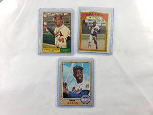 lot 119 image: Lot of 3 Hank Aaron 1961 Topps No. 415, 1972 In Action No. 300, 1968 Topps 110