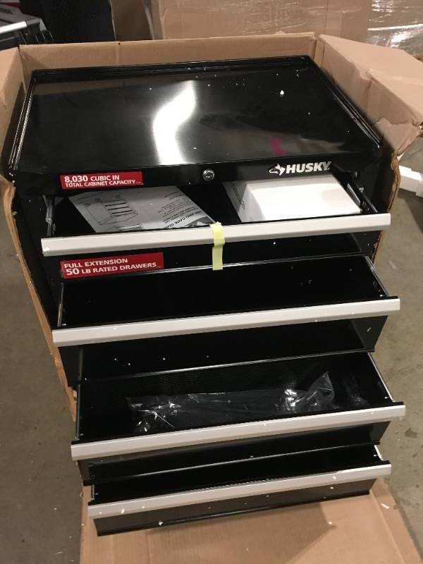 26.5 in. W x 18 in. D Standard Duty 4-Drawer Rolling Tool Cabinet in Gloss  Black by Husky Damaged Customer Returns See Pictures