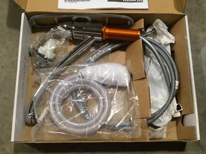 lot 13 image: Chateau Single-Handle Standard Kitchen Faucet with Side Sprayer in Chrome by MOEN   Customer Returns See Pictures
