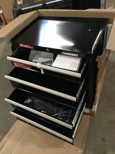 lot 34 image: 26.5 in. W x 18 in. D Standard Duty 4-Drawer Rolling Tool Cabinet in Gloss Black by Husky Damaged  Customer Returns See Pictures
