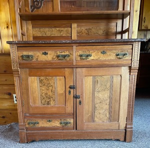 lot 7 image: Vintage Wooden Cabinet with Marble Top, Shelves and Mirror