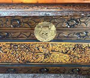 lot 28 image: Vintage Chinese Carved Camphor Wood Chest