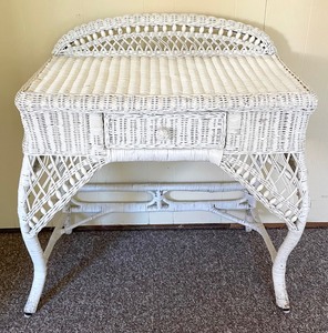 lot 29 image: Vintage Wicker Desk, Stool and Wall Mount Mirror