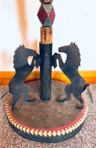 lot 69 image: Vintage Coat Rack with Horseshoe Hooks and Metal Horse Accents