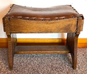 lot 74 image: Vintage Wooden Stool with Leather Top and Rivet Accents