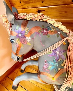 lot 9 image: Whimsical Artisan Carousel Style Handpainted Horse with Small Table  Stand
