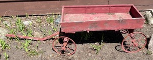 lot 42A image: Vintage Wooden Red Wagon and Sled