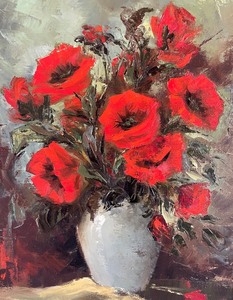 lot 38A image: Vintage Framed Original Oil on Canvas Vibrant Red Floral Painting