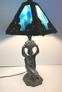 lot 159 image: Vintage Metal Ornate Table Lamp With Glass Shade