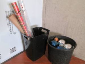 Plastic storage bins of Christmas b...