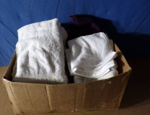 lot 53 image: Box Full of Towels and Safety Shirts (Various Sizes)
