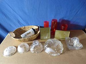 lot 108 image: Variety Lot of Glass Dishes, Woven Storage Basket, Glasses, Picture Frames and More