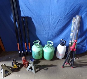Variety Lot of Miscellaneous Items (Door Sweeps, Jack Stands, Deck Sprayers)