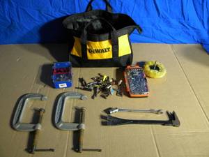 lot 4 image: DeWALT Tool bag  (2) C-Clamps, Drill bits, Dremel Bits, and other Miscellaneous Items