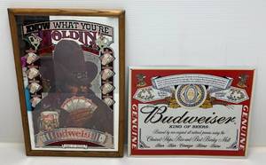 lot 17 image: Two Budweiser Advertisement Pieces 1 Tin Sign 12 14 x 16 1 13 x 19 Framed Mirror