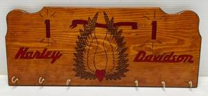 lot 30 image: Hand Carved Wooden Harley Davidson Sign With Hooks 9 x 22