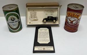 lot 50 image: Two Vintage Flat Top Beer Cans & Vintage DeLuxe Checks Collectible Ertl Essex Coupkle Mail Truck NIB In Original Box 1990