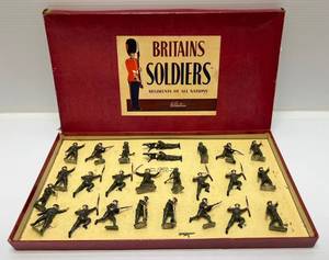 lot 75 image: 1940 - 1961 Britains Miniature Toy Soldiers British Infantry In Action With Gas Masks No. 1614 24 Pieces With 1 Extra  1 Has Broken Gun