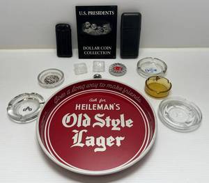 lot 147 image: Group Of Misc.Vintage Including Ashtrays, Beer Tray , Military Pin And More