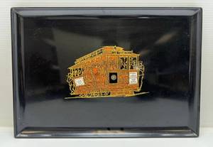 lot 194 image: Vintage Couroc Of Monterey Inlaid San Francisco Cable Car Inlaid Wood Table Brass Coin Serving Tray 18 x 12 12