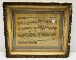 lot 196 image: Vintage Framed Copy Of Abraham Lincolns Gettysburg Address On Old Parchment Paper