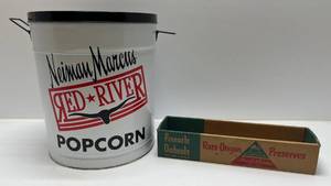 lot 225 image: Vintage Neiman Marcus Red River Popcorn Tin And Pinnacle Orchards Advertisement Piece