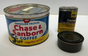 lot 226 image: Three Misc Vintage Items Including Chase And Sanborn Coffee Tin, Camel Rubber Repair Kit And More