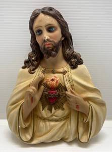 lot 228 image: Vintage Jesus Sacred Heart Chalkware Wall Plaque Columbia Statuary , Italy (Chips Need Touch Up ) Has Paper Label Still On Back 12