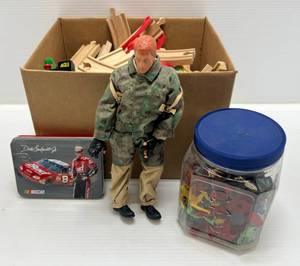 lot 236 image: Group Of Misc. Kids Toys Including G.I. Joe, Wooden Train Set And Cowboys And Indians And More