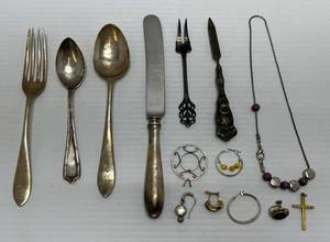 lot 253 image: Group Of Misc. Precious Metals Including Sterling Silver  7.3 Oz., 12 Kt  3.21(Cross) G, 12 K GF2.0 (Earring With Stone)14K2.24 G. (Earring)