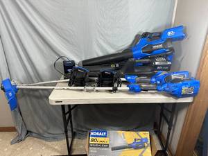 lot 26 image: 5 Kobalt 80 volt Cordless Yard Tools with Chargers - No Batteries - Untested