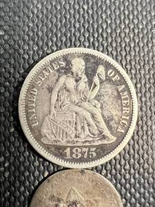 2 US SILVER COINS 1875 SEATED DIME & 1853 THREE CENT SILVER