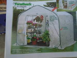 Flowerhouse farm house pop up greenhouse. 8h x 9 x 9. With framework. Used condition. No rips or tears. Look up as this item is very expensive. As shown.