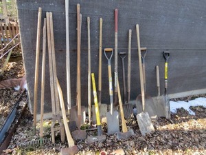 lot 104 image: Assorted Lot of Shovels, Axes and Other Yard Tools