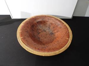 Vintage African Ceramic Vase with Woven Lip and Art Deco Style Dish Tray